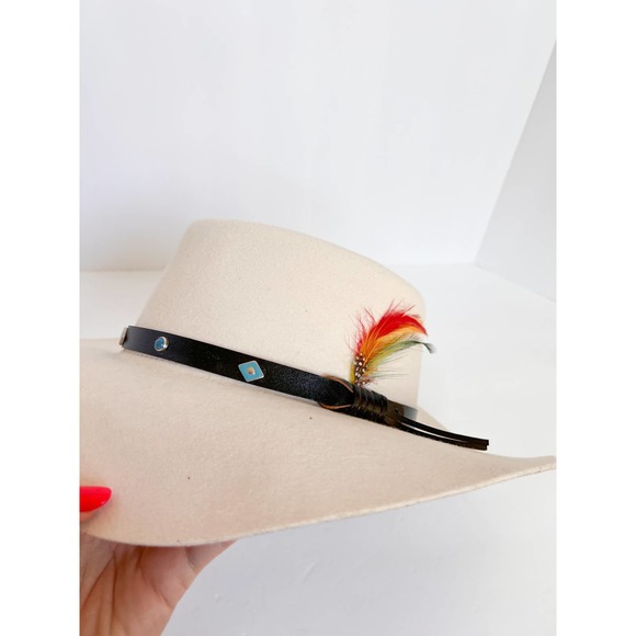 DOUBLE EE BRAND Women's Cream Wool Flat Brim Hat w/ Faux Leather Band size M - Picture 4 of 9